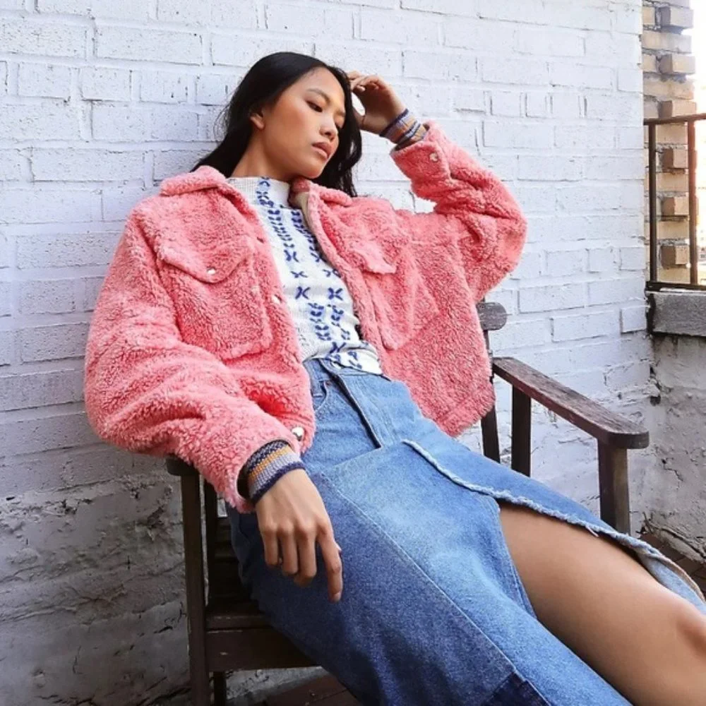 Free People Teddy Faux Fur Swing Cozy Jacket Melon Pink Coral sz XS - Picture 1 of 11